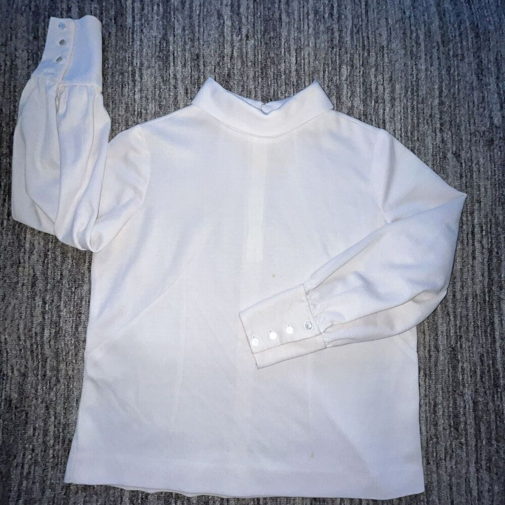 VTG Women’s Size 14 White Shirt Mod 1960s Office Crepe Long Cuffs Costume Flaws